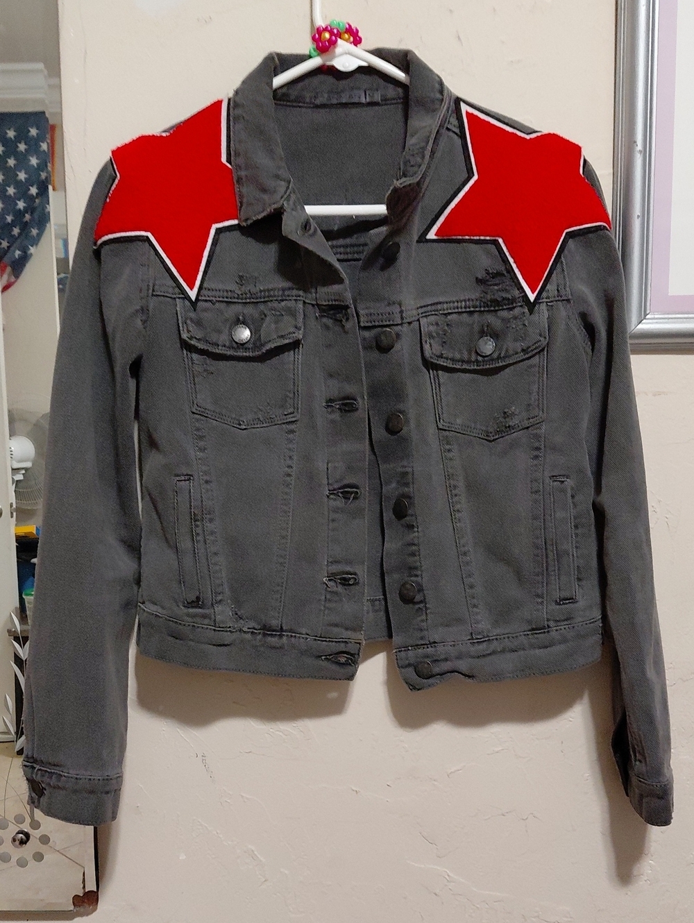 Women’s Gray Denim Jacket with Red Star Shoulder Accents